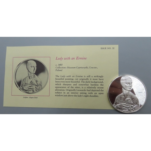 1211 - Leonardo da Vinci (1452 - 1519) Lady with an Ermine c.1484 Solid Sterling Silver Proof Medallion Min... 