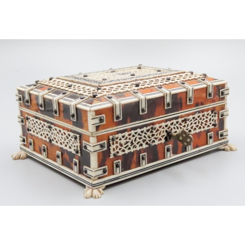 133 - Anglo Indian Vizagapatam Jewellery Box Tortoiseshell with Carved Lion Hall Supports 12cm Wide 9cm De... 