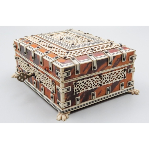 133 - Anglo Indian Vizagapatam Jewellery Box Tortoiseshell with Carved Lion Hall Supports 12cm Wide 9cm De... 