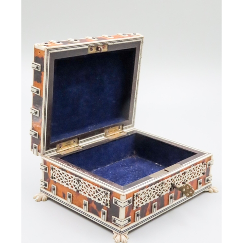 133 - Anglo Indian Vizagapatam Jewellery Box Tortoiseshell with Carved Lion Hall Supports 12cm Wide 9cm De... 