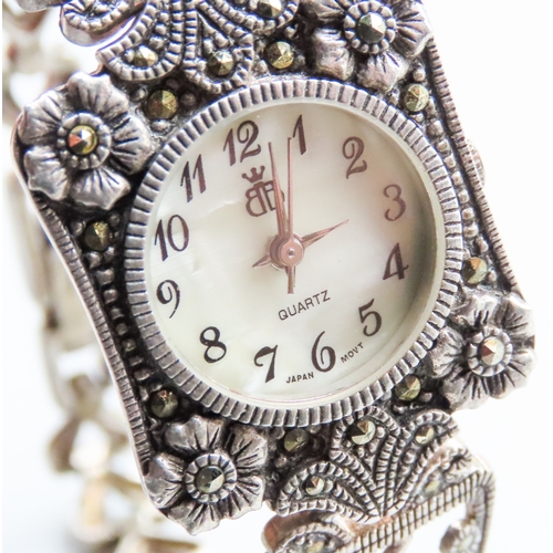 150 - Finely Detailed Ladies Silver Cocktail Quartz  Wristwatch Floral Motifs with Marcasite Insets 18cm L... 