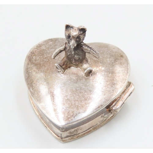 1504 - Teddy Bear Motif Decorated Heart Shaped Silver Baby Tooth Box Hinged Cover