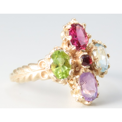 151 - Amethyst Peridot Ruby and Aquamarine Set Ring Mounted in 9 Carat Yellow Gold Ring Size O