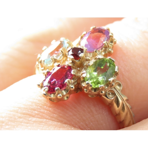 151 - Amethyst Peridot Ruby and Aquamarine Set Ring Mounted in 9 Carat Yellow Gold Ring Size O