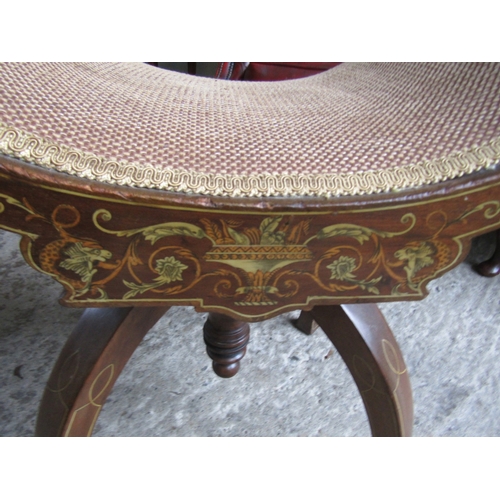 1526 - Bow Seat Stool Swivel Base Marquetry Decorated Edwardian with Fabric Weaved Seat Above Curved Suppor... 