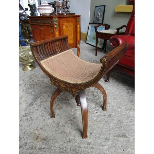 1526 - Bow Seat Stool Swivel Base Marquetry Decorated Edwardian with Fabric Weaved Seat Above Curved Suppor... 