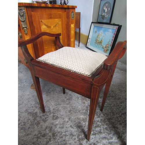 1527 - Edwardian Mahogany Inlaid Lift up Seat Piano Stool Full Size