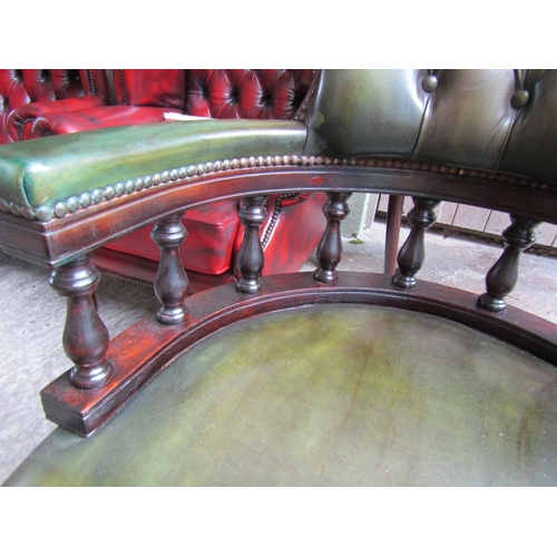 1530 - Green Leather Deep Buttoned Upholstered Captain's Office Armchair Rail form Supports Above Swivel Ba... 