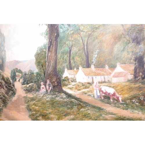 1533 - Antique School Woodland Scene with Figures and Buildings Oil on Canvass Approximately 30 Inches x 36... 