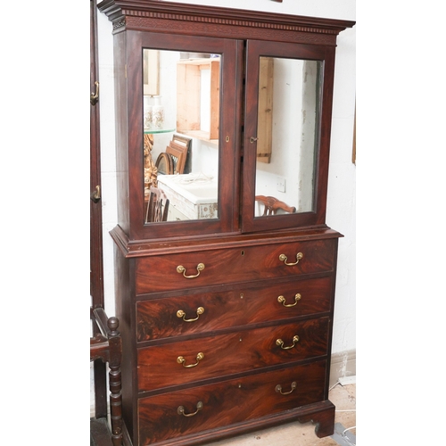 1536 - George III Figured Mahogany Estate Cabinet Mirrored Twin Doors Over Four Long Drawers Fitted Shelved... 