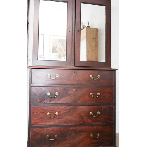 1536 - George III Figured Mahogany Estate Cabinet Mirrored Twin Doors Over Four Long Drawers Fitted Shelved... 