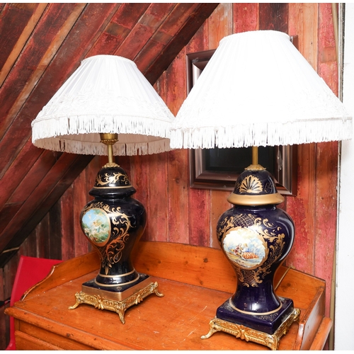 1539 - Pair of French Porcelain Ormolu Mounted Table Lamps Generous Form Pleated Shades Each Electrified Wo... 