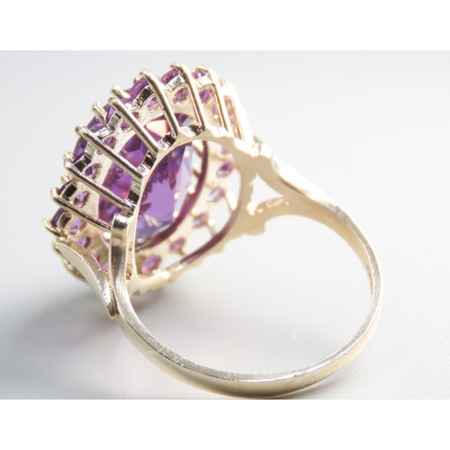 154 - Emerald Cut Amethyst Set Ring with Further Amethyst Set Halo Mounted in 9 Carat Yellow Gold Ring Siz... 