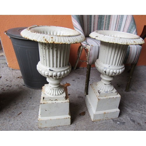 1551 - Pair of Cast Iron Garden Urns Plinth Bases Each Approximately 24 Inches High Including Bases