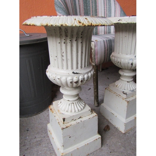 1551 - Pair of Cast Iron Garden Urns Plinth Bases Each Approximately 24 Inches High Including Bases