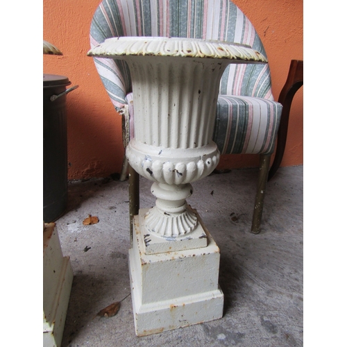 1551 - Pair of Cast Iron Garden Urns Plinth Bases Each Approximately 24 Inches High Including Bases