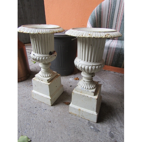 1551 - Pair of Cast Iron Garden Urns Plinth Bases Each Approximately 24 Inches High Including Bases