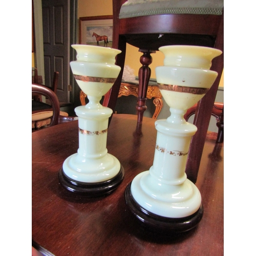 1554 - Pair of Victorian Milk Glass Gilt Decorated Pedestals Each Approximately 14 Inches High