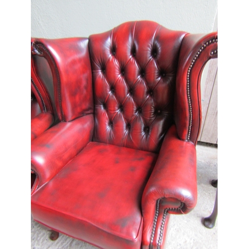 1556 - Pair of Burgundy Leather Deep Buttoned Upholstered Wing Back Armchairs Mahogany Cabriole Supports Br... 