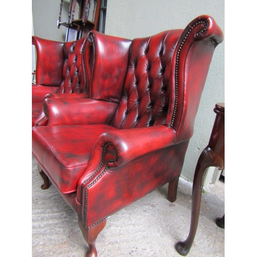 1556 - Pair of Burgundy Leather Deep Buttoned Upholstered Wing Back Armchairs Mahogany Cabriole Supports Br... 