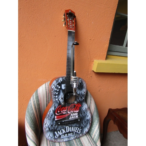 1560 - Guitar Now Advertising Coca Cola with Holder for Spirit Bottles Hand Painted