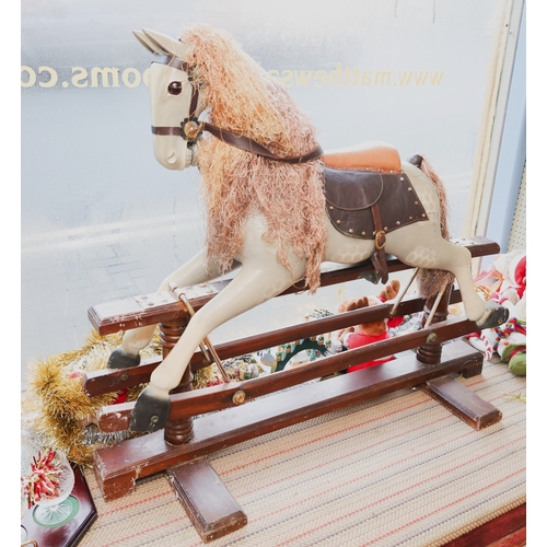 1561 - Antique Carved Rocking Horse with Leather Saddle and Reins Approximately 44 Inches Wide x 33 Inches ... 