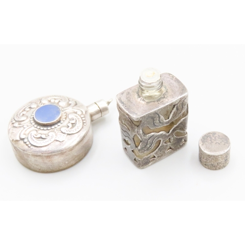 1563 - Two Silver Perfume Bottles One with Lazuli Inset Decoration Original Stoppers Present