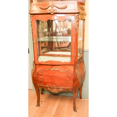 1574 - French Kingswood Ormolu Decorated Single Door Display Cabinet Mirrored Interior Back Above Shaped Su... 