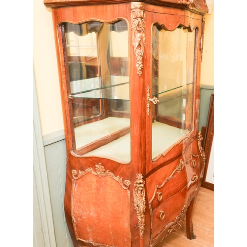 1574 - French Kingswood Ormolu Decorated Single Door Display Cabinet Mirrored Interior Back Above Shaped Su... 