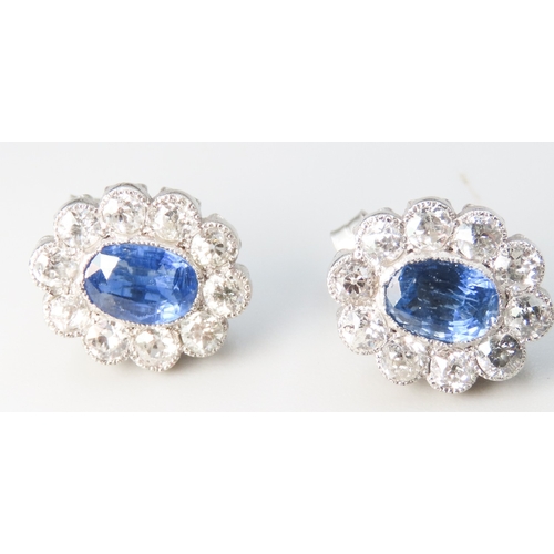 158 - Sapphire and Diamond Set Cluster Earrings Mounted in Platinum 1.5cm High Total Sapphire Carat Weight... 