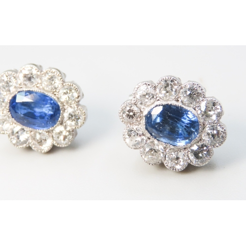 158 - Sapphire and Diamond Set Cluster Earrings Mounted in Platinum 1.5cm High Total Sapphire Carat Weight... 