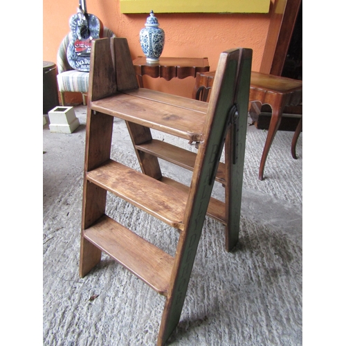 1585 - Pine Three Step Ladder with Painted Side Decoration and Cast Metal Factory Hinges Approximately 32 I... 