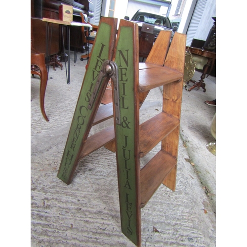 1585 - Pine Three Step Ladder with Painted Side Decoration and Cast Metal Factory Hinges Approximately 32 I... 