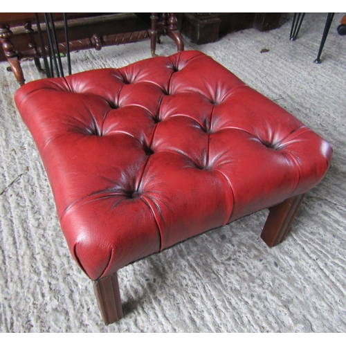 1586 - Burgundy Leather Deep Buttoned Upholstered Square Form Foot Stool Square Chamfered Legs Approximatel... 