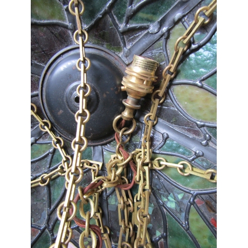 1588 - Large Tiffany Leaded Glass Hanging Light with Brass Chains and Fittings Rams Head Decoration to Uppe... 