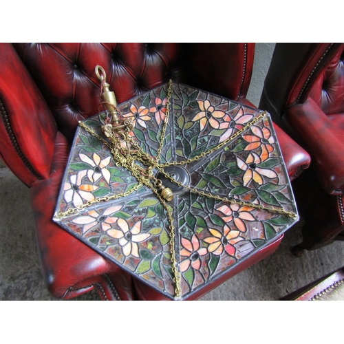 1588 - Large Tiffany Leaded Glass Hanging Light with Brass Chains and Fittings Rams Head Decoration to Uppe... 