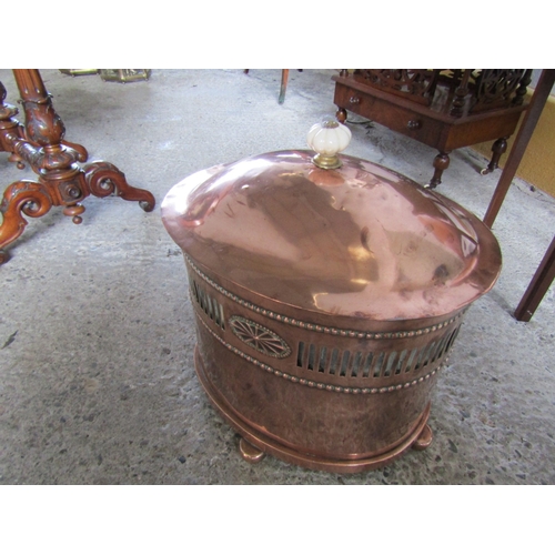 1589 - Edwardian Oval Copper Coal or Log Bucket with Cover Pierced and Adams Form Decoration Approximately ... 