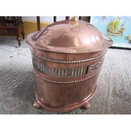 1589 - Edwardian Oval Copper Coal or Log Bucket with Cover Pierced and Adams Form Decoration Approximately ... 