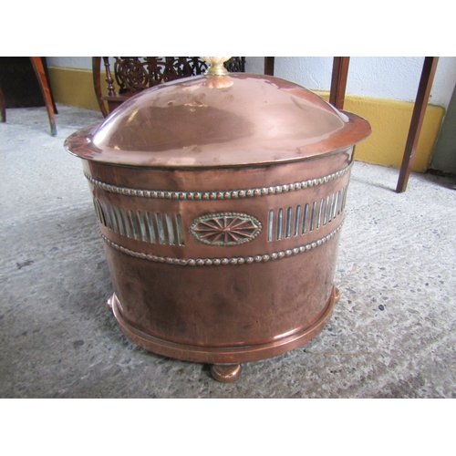 1589 - Edwardian Oval Copper Coal or Log Bucket with Cover Pierced and Adams Form Decoration Approximately ... 