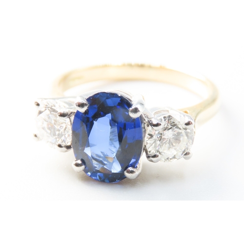 159 - Ceylon Sapphire and Diamond Set Three Stone Ring Mounted in 18 Carat Yellow Gold Total Sapphire Cara... 