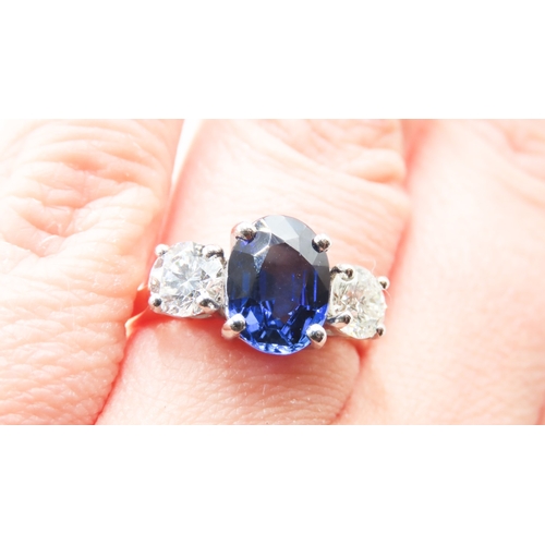 159 - Ceylon Sapphire and Diamond Set Three Stone Ring Mounted in 18 Carat Yellow Gold Total Sapphire Cara... 