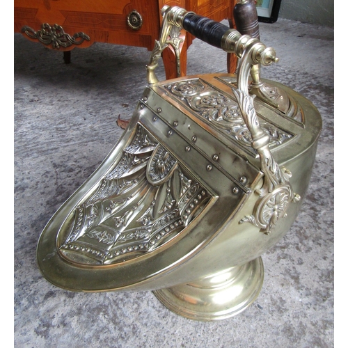 1590 - Victorian Cast Brass Embossed Shaped Form Coal Bucket with Inset Original Shovel Above Pedestal Base... 