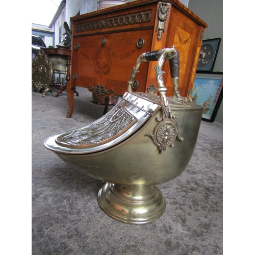 1590 - Victorian Cast Brass Embossed Shaped Form Coal Bucket with Inset Original Shovel Above Pedestal Base... 