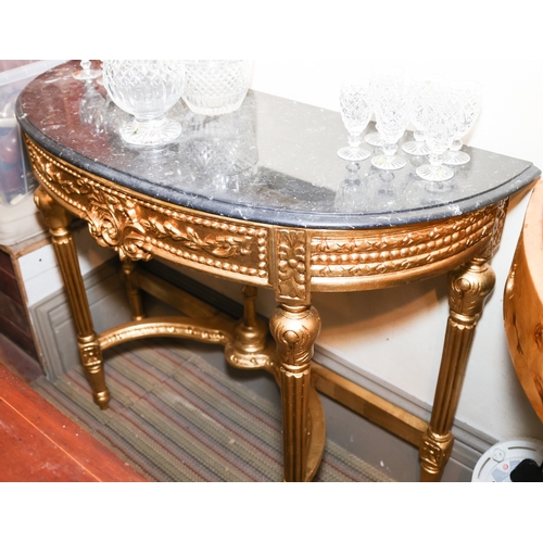 1595 - Marble Top Bow Front Console Table Carved Gilt Wood Approximately 32 Inches Wide