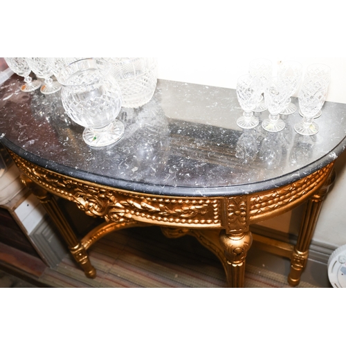 1595 - Marble Top Bow Front Console Table Carved Gilt Wood Approximately 32 Inches Wide