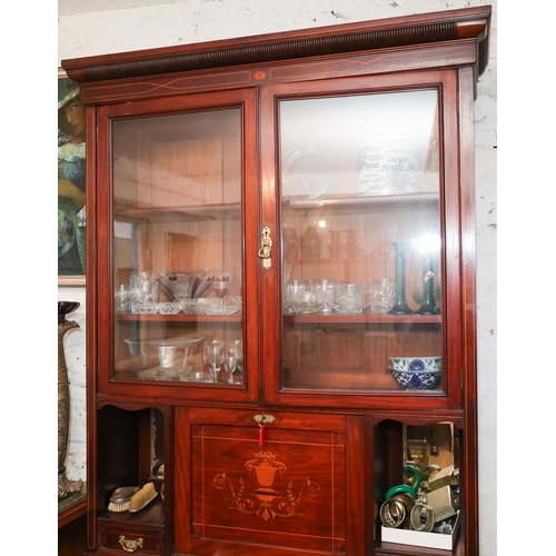 1623 - Antique Marquetry Decorated Rosewood Twin Door Cabinet with Writing Slope Interior Two Short Drawers... 