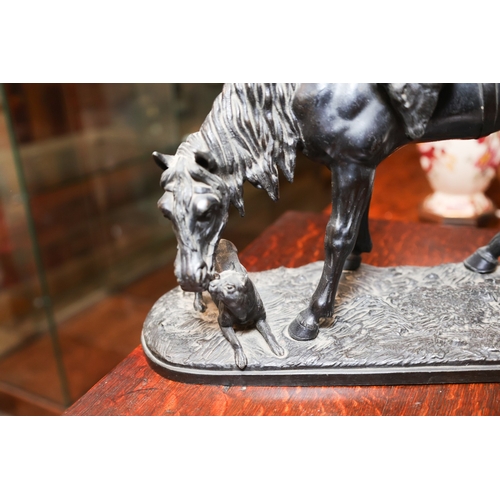 1632 - Antique Bronze Sculpture Horse with Deer and Dog Approximately 10 Inches Wide x 8 Inches High