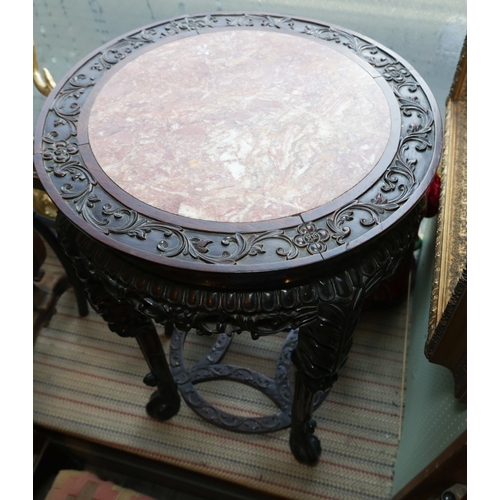 1636 - Imposing Chinese Carved Hardwood Stand Inset Rouge Marble Top Well Carved Frieze and Supports Top Ap... 