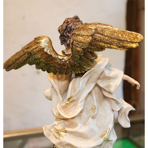 1639 - Polychrome Decorated Figure of Soaring Angle with Golden Wings Square Form Base Approximately 14 Inc... 