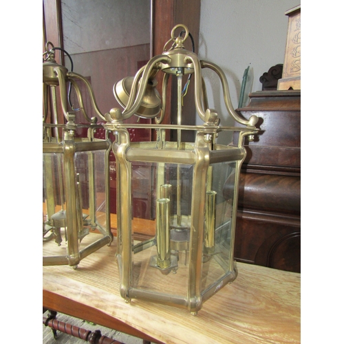 1641 - Pair of Cast Brass Lanterns with Bevel Inset Glass Panels Each Electrified Working Order Attractivel... 